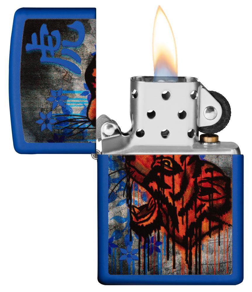 Front shot of Royal Blue Colorful Tiger Design Windproof Lighter